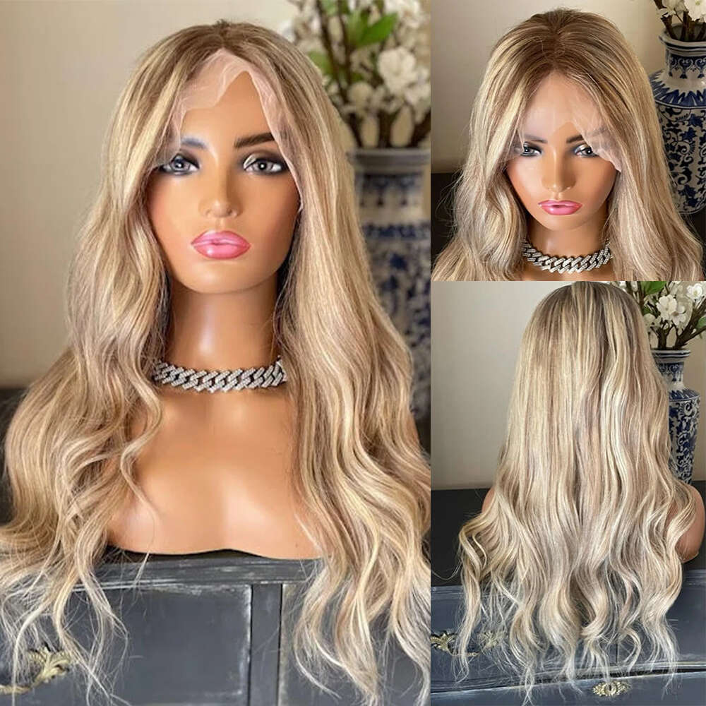 Blonde Highlights Premium Human Hair Full Wigs 13X6" HD Lace Front Glueless Pre-Plucked Ashy Roots Slight Wavy Wig 200%