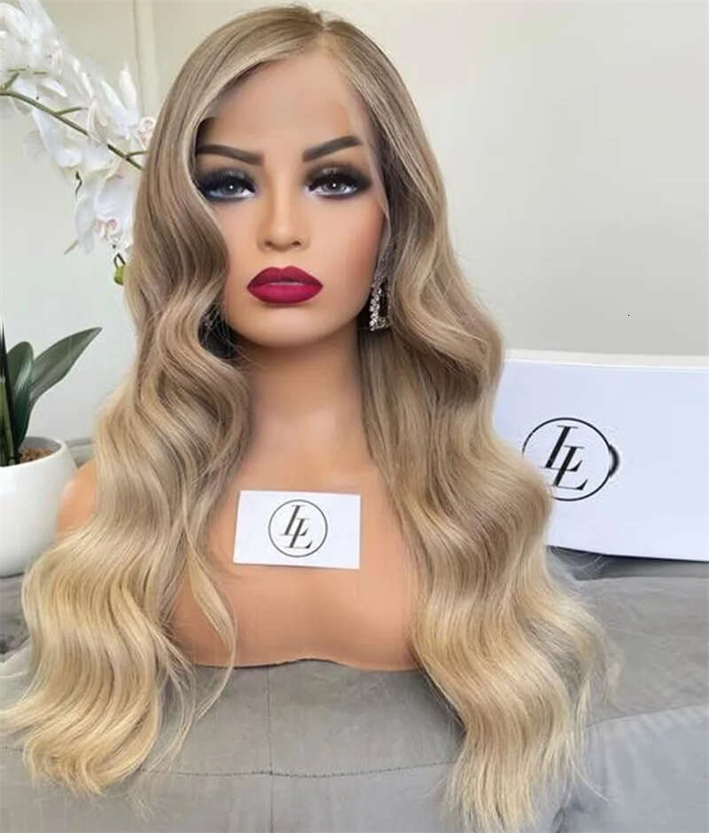 Highlight Ombre Ash Blonde Color Wig 13X4 Body Wave Synthetic HD Front 26 Inch Long Wavy Frontal Lace Wigs For Women