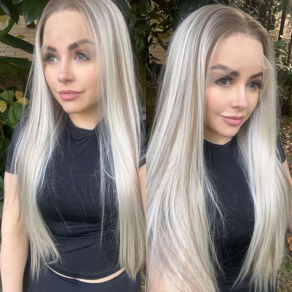 Heat Safe Synthetic Fiber Ash Roots Straight Front Platinum Grey Highlights Wig HD Lace Perfect Quality For Daily Use