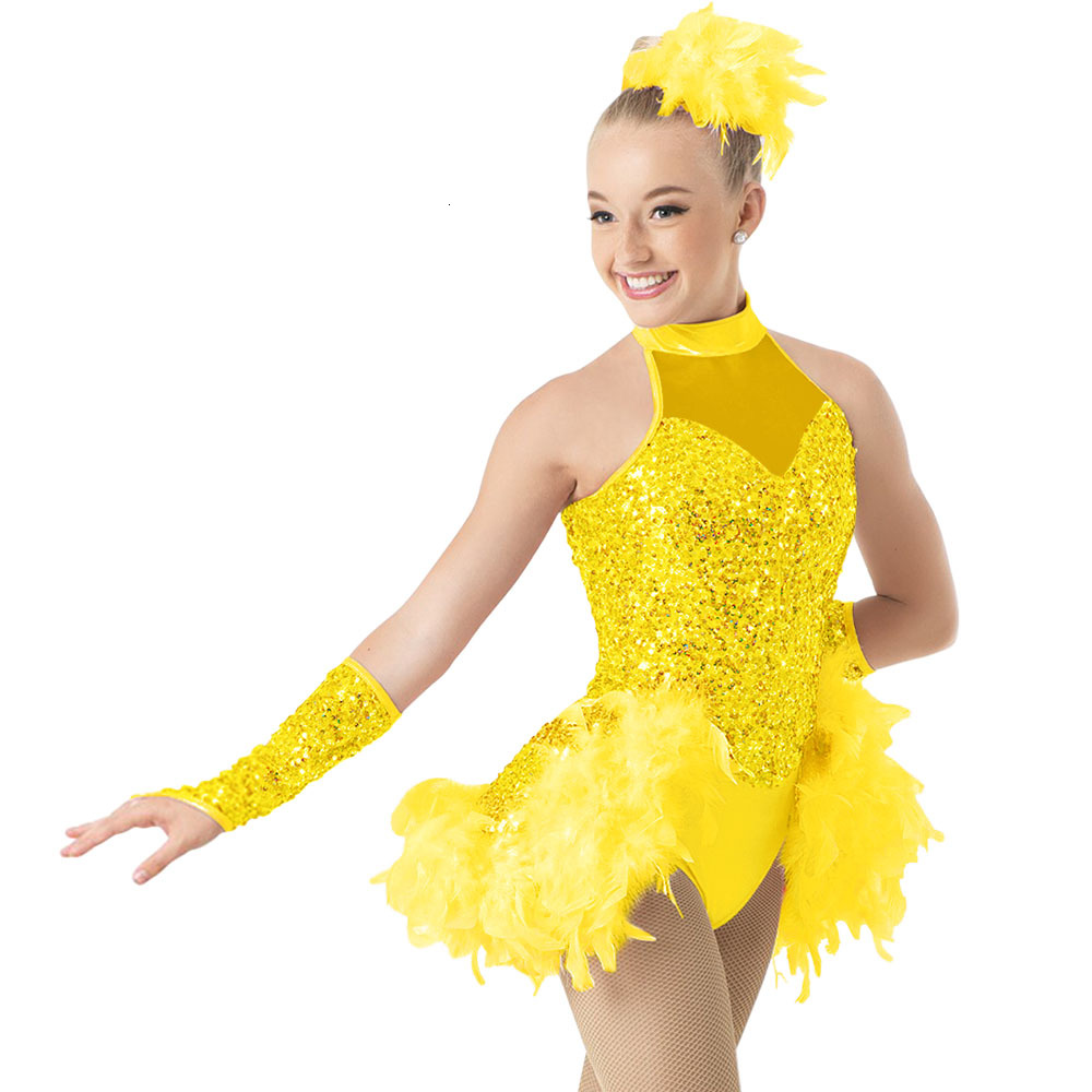 Feather Hem Dress For Girl Women Sequins Ballroom Stage Costume Compeon Performance Dynamic Dance Apparel Jazz Wear