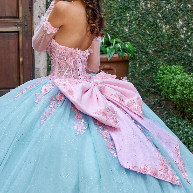 Sky Blue Shiny Princess Ball Gown Quinceanera Dresses Appliques Lace Beads Bow Tull Birthday Party Sweet 16 Dress Vestidos 15 De Anos