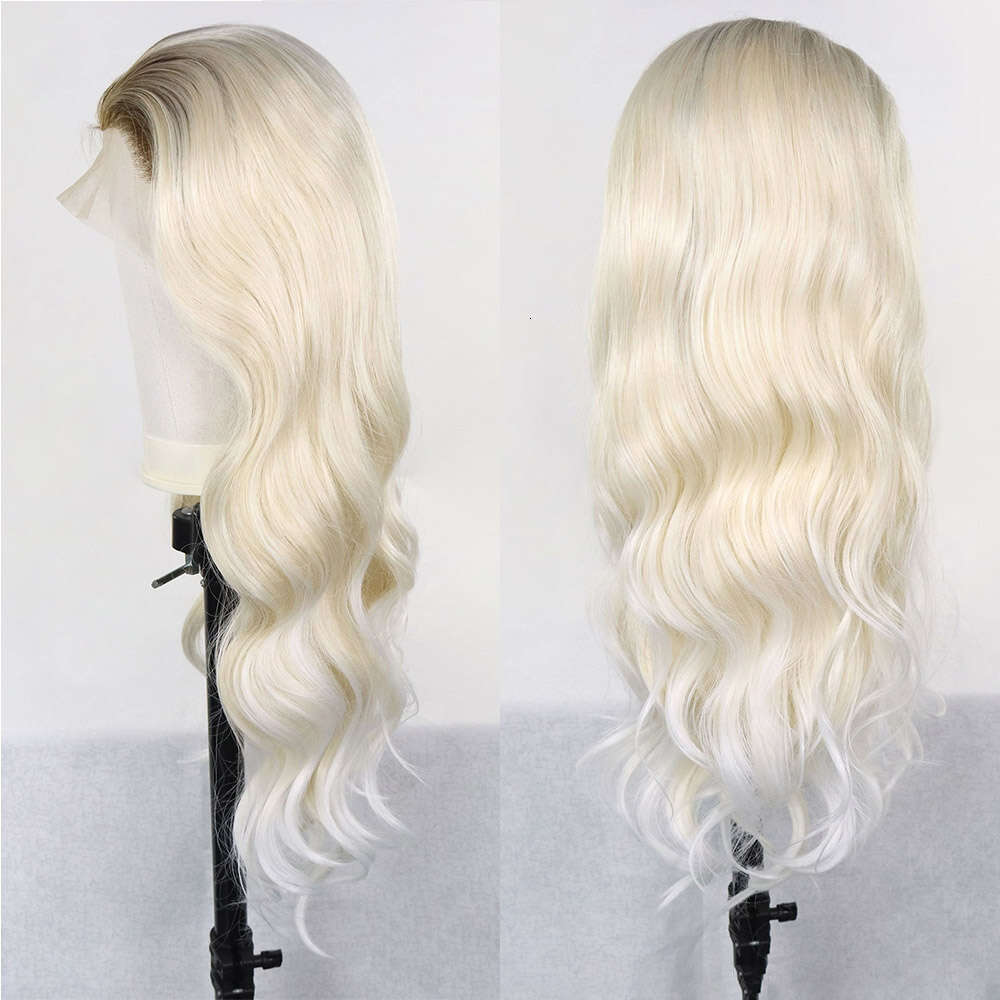 Wavy Ombre Blonde Front Wigs For Women Dark Roots Platinum 613 Colored Transparent Lace Frontal Synthetic Wig 26Inch