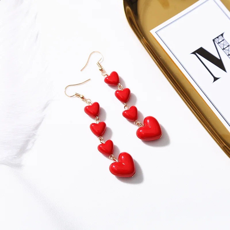 Korean Style Lovely Heart Pendant Long Tassel Earrings Red Peach Drop Ear For Women Girls Gift Wholesale 240906