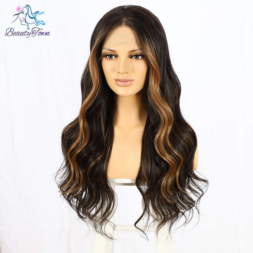 Brown Blonde Colored Synthetic Front Highlight Ginger Orange HD Transparent Lace Frontal Body Wave Full Cosplay Wig