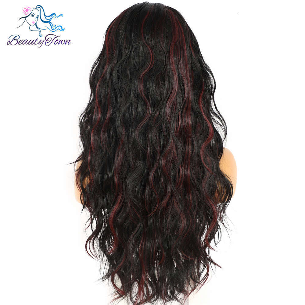 Long Water Wave Headband Women Black Mix Red Daily Makeup Wedding Party Holidays Glueless Wig 2 Free Bands Gift For Girl