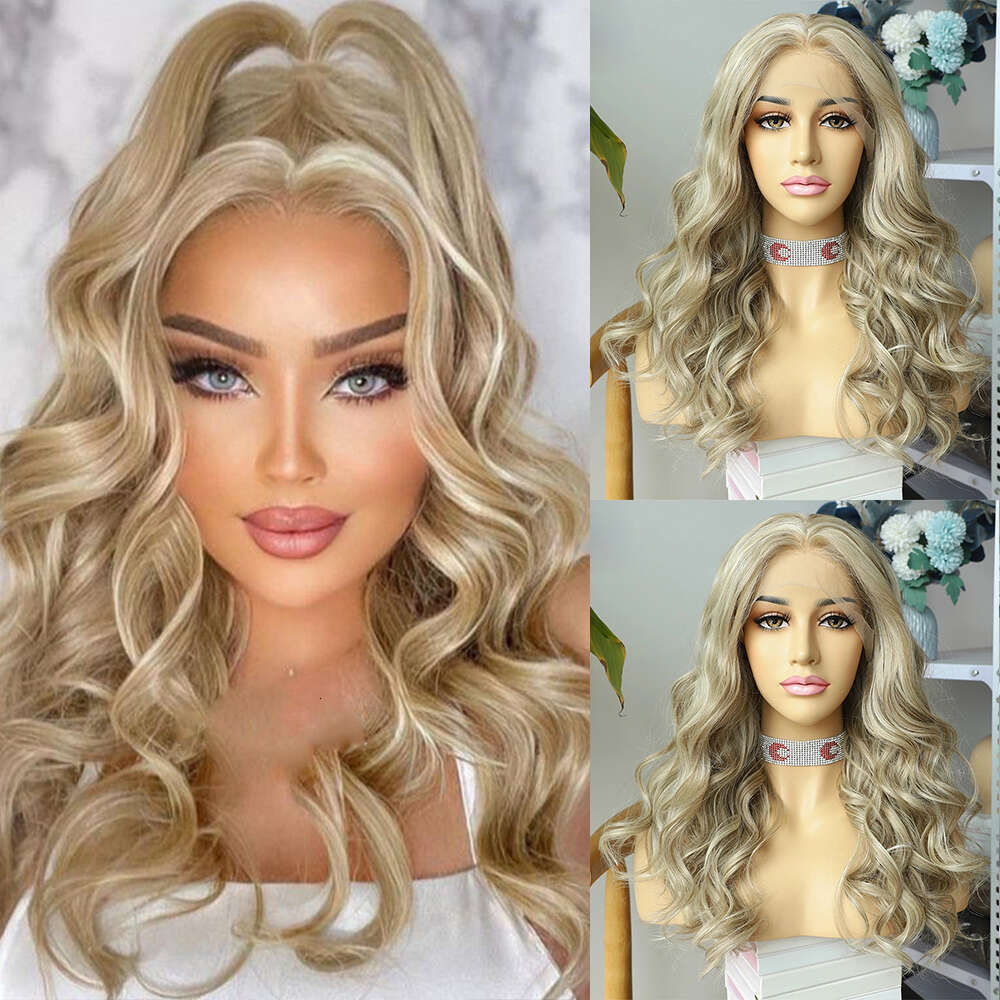 Honey Blonde Colored Synthetic Front Brown Yellow Highlight 13X3 HD Transparent Lace Frontal Body Wave Cosplay Wig