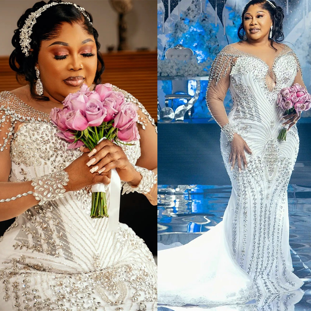 2024 Arabic Aso Ebi Plus Size Ivory Mermaid Wedding Dresses Luxurious Rhinestones Beaded Lace Full Sleeves Bridal Gowns Dress ZJ442