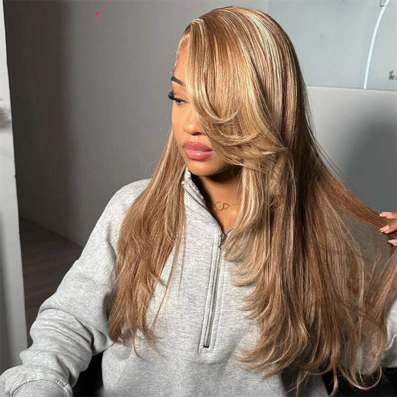 Ash Layered Straight Transparent Lace Frontal Honey Blonde Ombre Colored Human Hair Wig With Brown Root For Women