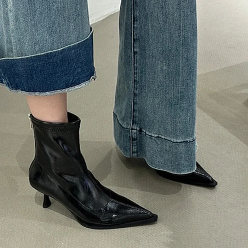 Ladies Shoes High Quality Zipper Womens Boots Autumn Pointed Toe Solid Short Barrel High Heels Versatile Fashion Boots 240911