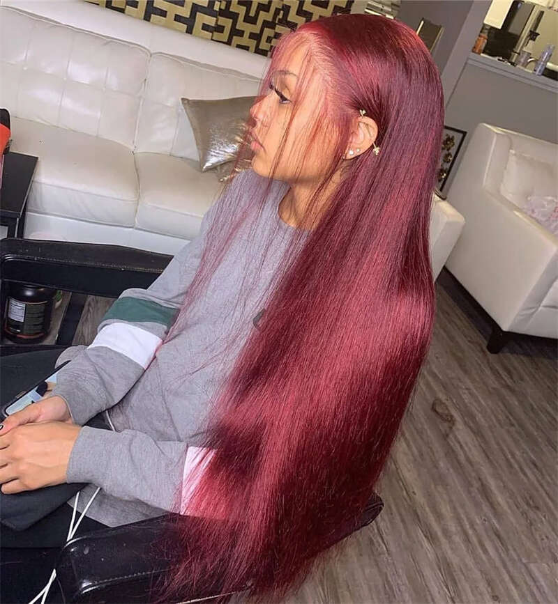 Wine Red Synthetic Glueless For Women Natural Haire Front Lace Wig Bury Long Silk Straight Hair Cosplay Wear