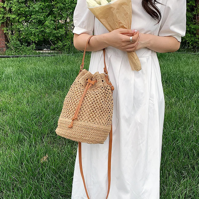 Woven Straw Bag Ladies Bucket Crossbody Summer Beach Retro Travel Shoulder Bags Small Purse and Handbag For Women 240914ZYl