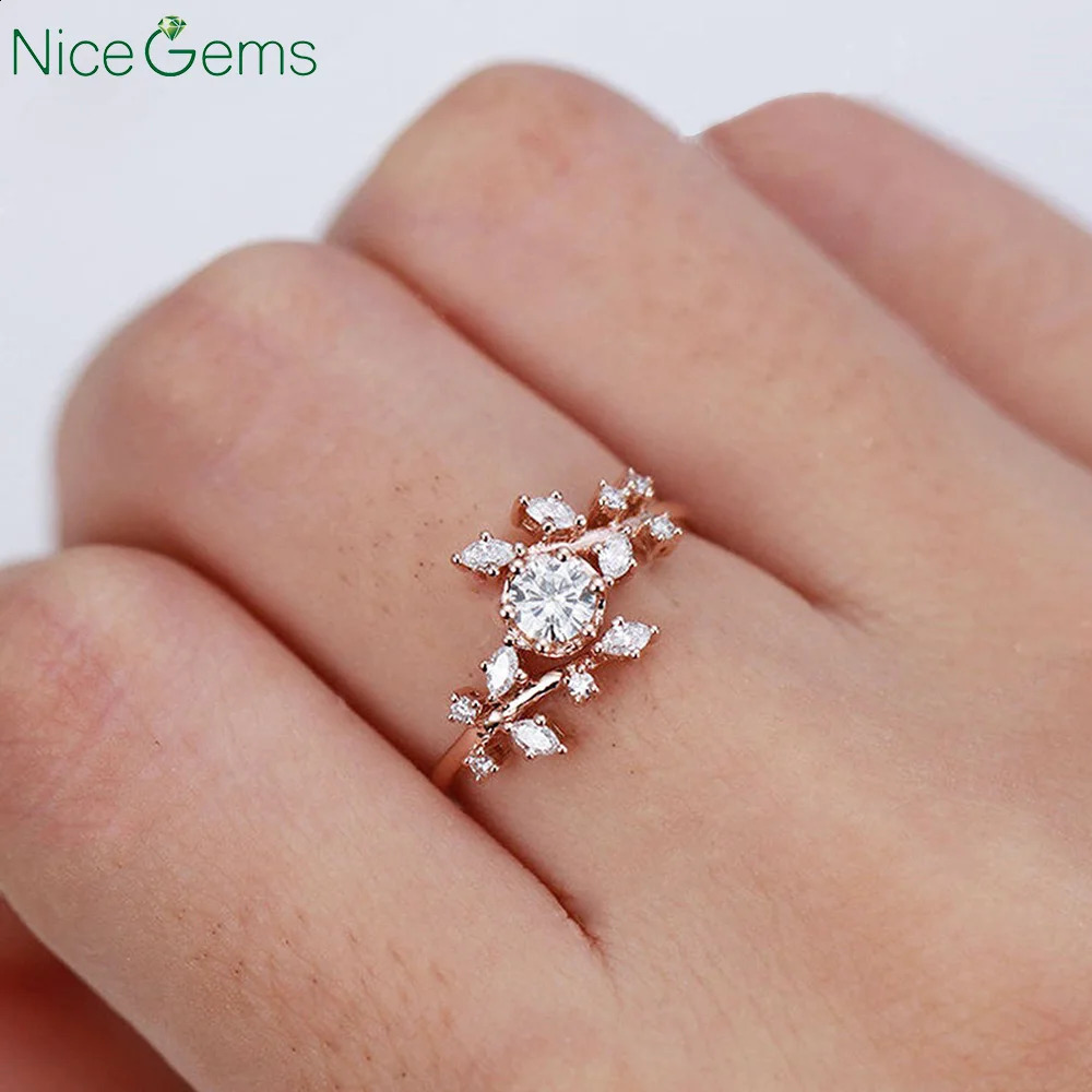 NiceGems 14K Rose Gold Vintage Engagement Ring Natural Diamond Cluster ring unique leaf wedding Bridal Promise 240906