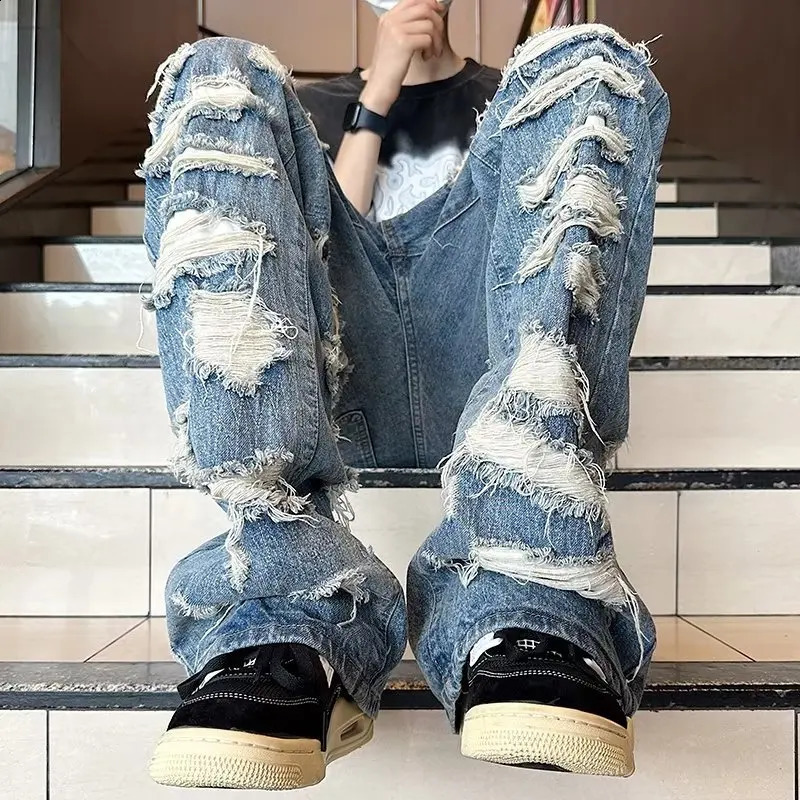 Ropa Grunge Y2K Streetwear Baggy Ripped Stacked Jeans Pants For Men Clothing Straight Hip Hop Denim Trousers Pantalon Homme 240906