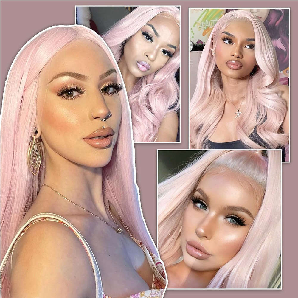 Light Pink Synthetic Lace Front Wigs Silky Straight Colored For Women Heat Resistant Fiber Pre Plucked Cosplay Glueless Wig