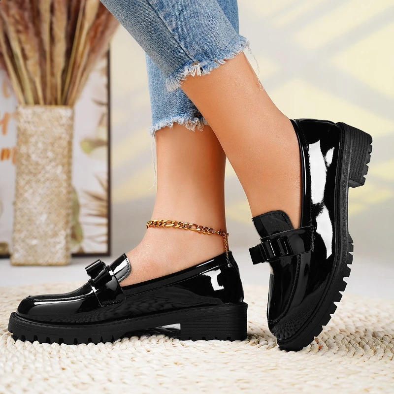 2024 Womens Summer Fashion Round Toe Retro Solid Color Loafers PU Leather Daily Leisure Banquet Dress High Heels 240914