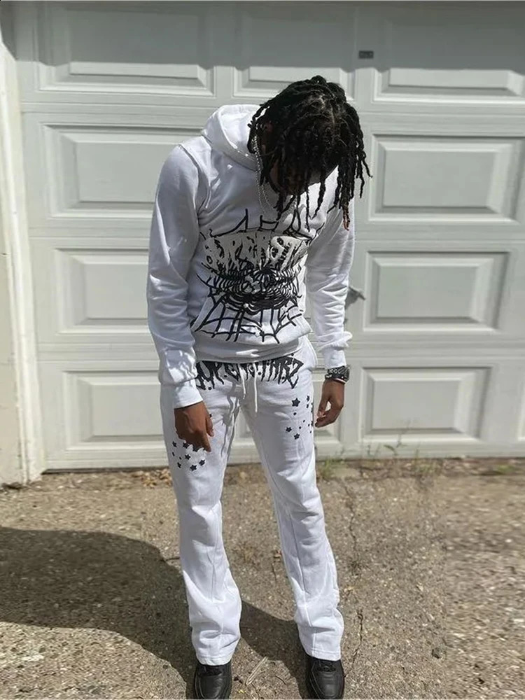 Y2k Spider Letter Printed Hoodie Straight Pants 2piece Set Mens Pull up Sports Shirt Trouser Tracksuits 240914