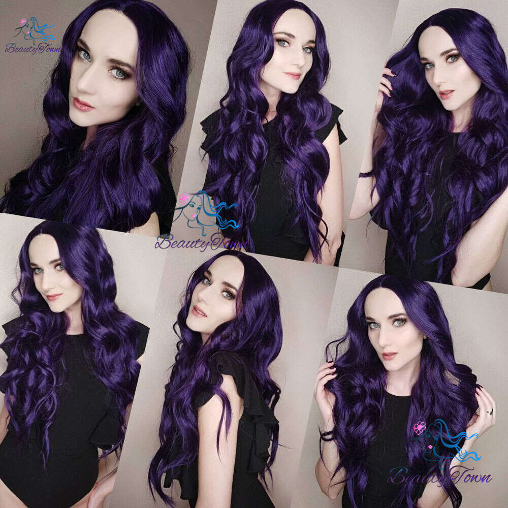 Long Wavy Purple Synthetic Lace Wigs For Women Daily Makeup Cosplay Party Wedding Heat Resistant Fiber Natural Looking Hair 2021