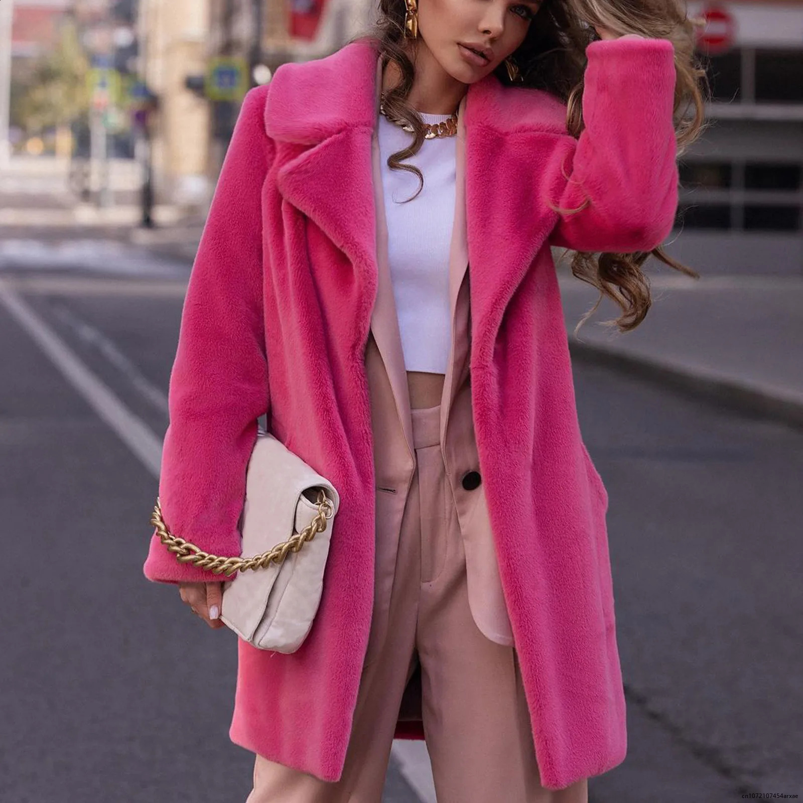 Pink Long Teddy Bear Jacket Coat Women Warm Winter Fleece Jacket Long Sleeve Thick Warm Oversized Long Coat Outwear Overcoat 240911
