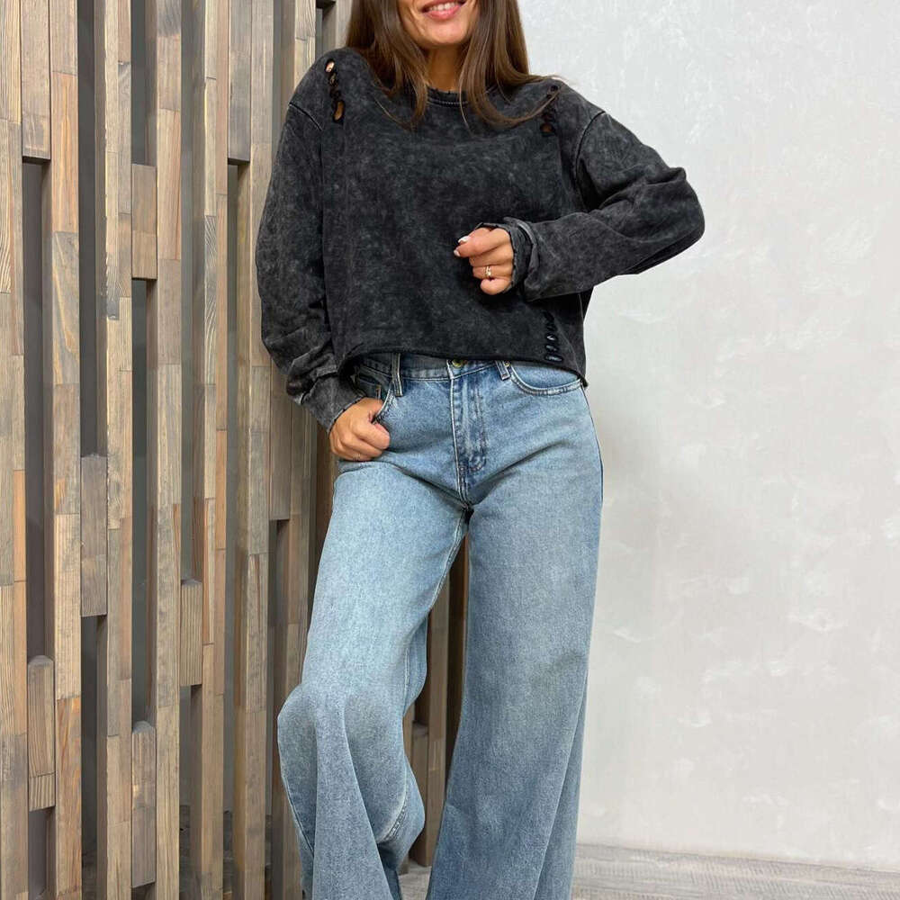 2024 European hole making old hoodie pullover autumn fashion temperament spicy girl ins style