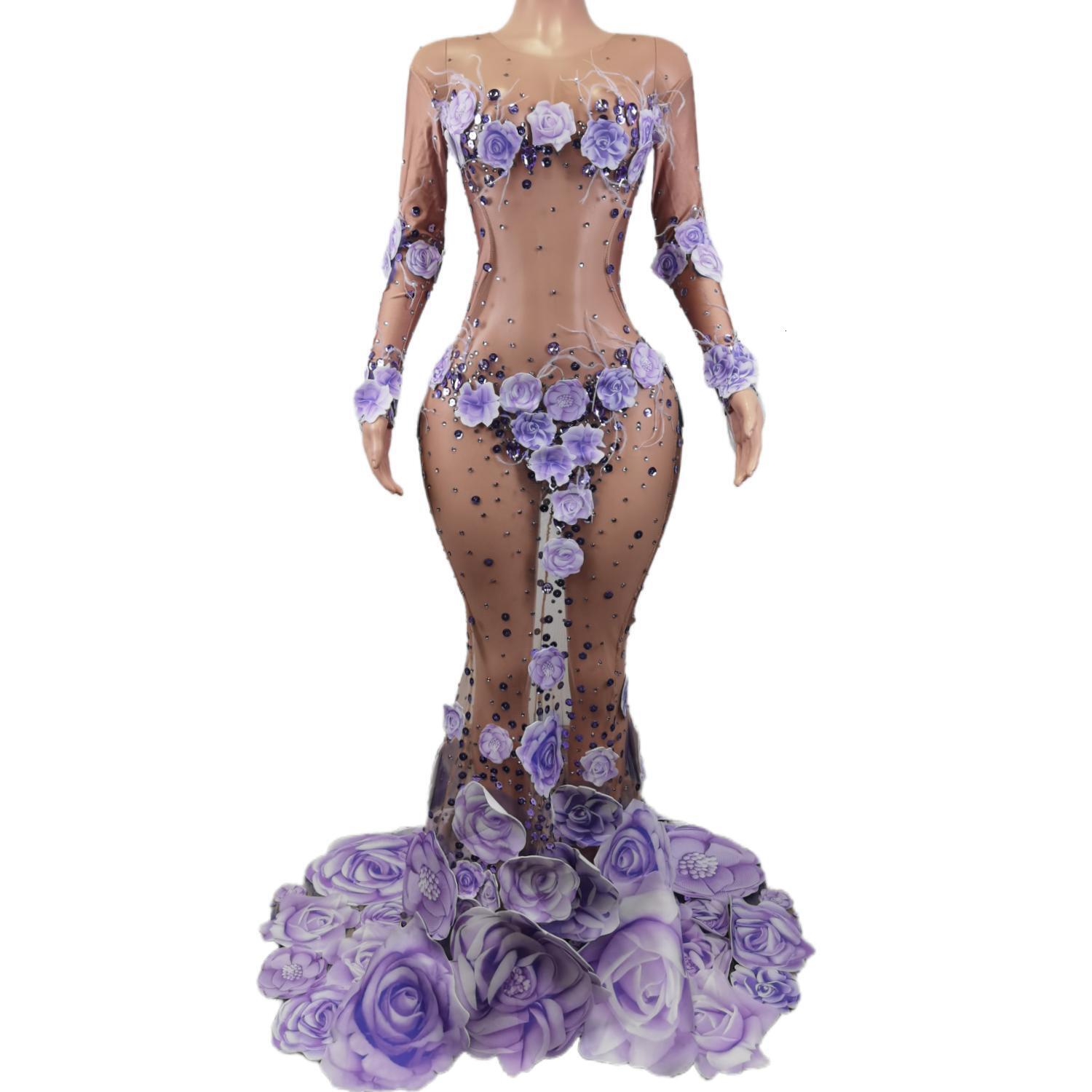 Sexy Stage Rhies Purple Long Sparkle Costume Women Prom Birthday Celebrate Party Wer Decoration Dress