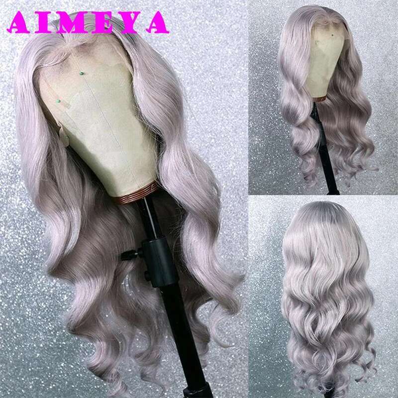 AIMEYA Sier Grey Long Body Wave Synthetic Lace Front Natural Haire Light Gray Heat Resistant Daily Wear Wig Cosplay