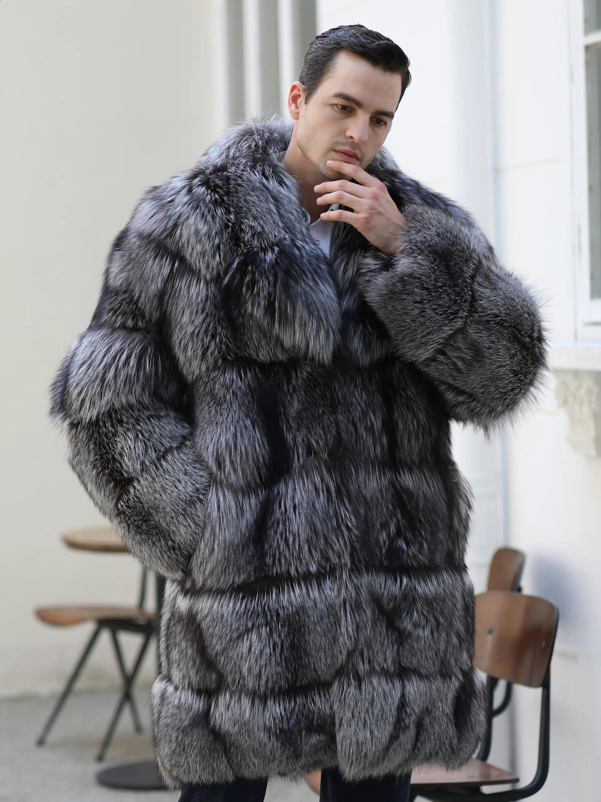 Janefur Man Jacket Real Fur Silver Fox Fur Coat Long Thick Warm Custom Wholesale Men Winter Coat 240905