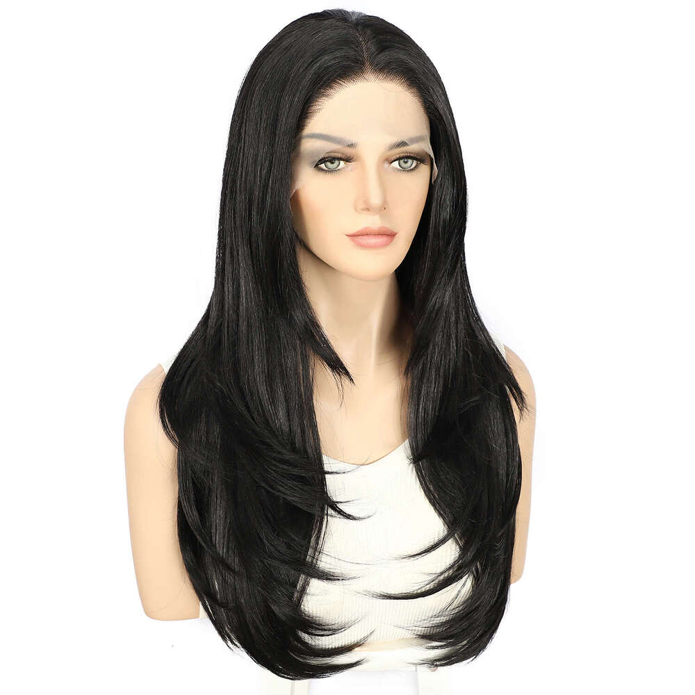 2024 New 13X3 Synthetic Lace Front 1B Black Medium Long Layered Lift Daily Wear Women Wig 25~26Inches