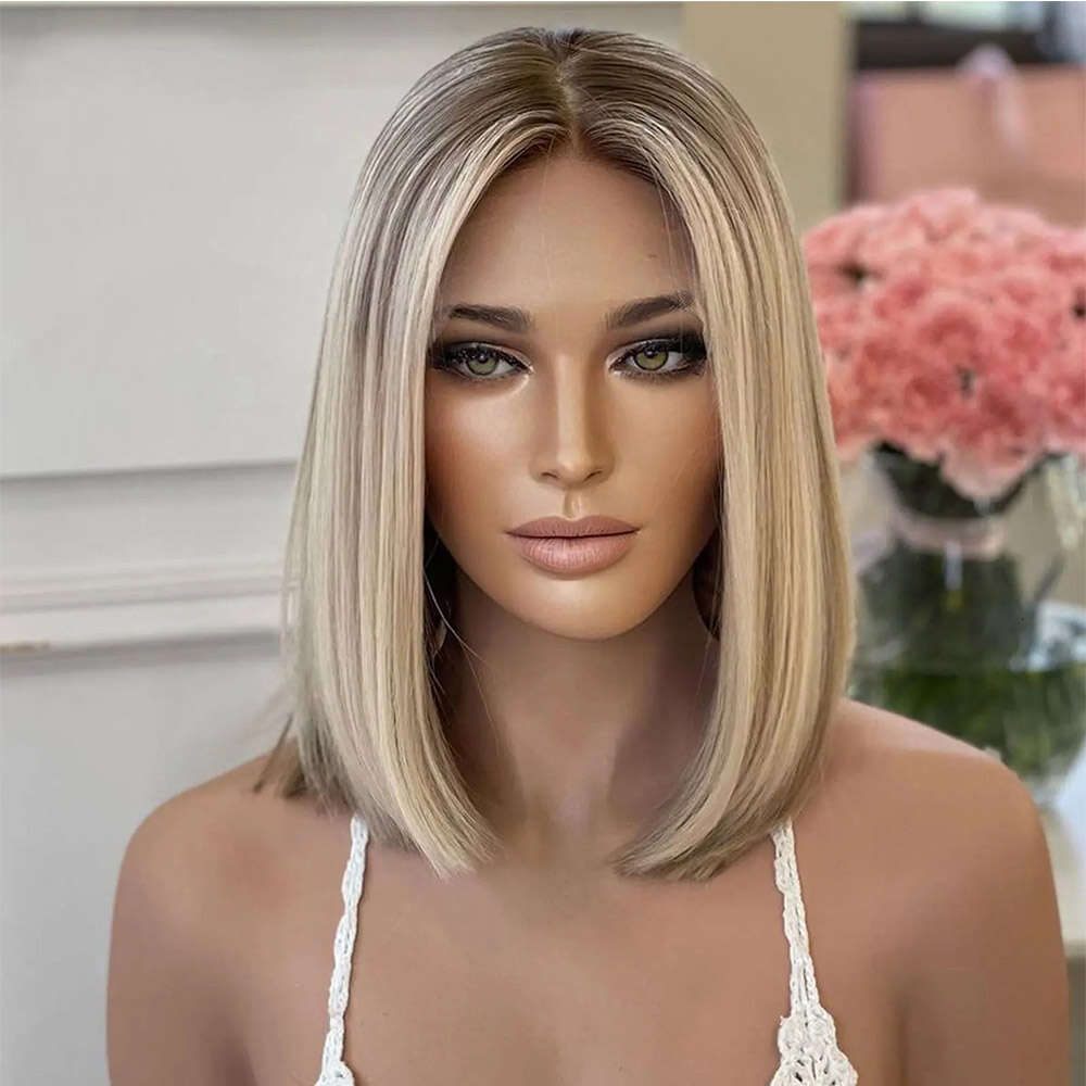 12Inch Highlight Short Bob Synthetic Lace Front Wigs Dark Roots Colored Straight Glueless Blonde Wig For Women Daily Use