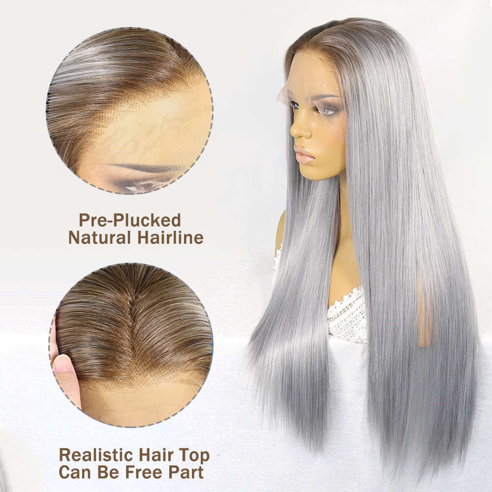 Ombre Synthetic Lace Front Wigs Sier Grey Dark Roots Colored For Women 13X3 Straight Heat Resistant Cosplay Wig