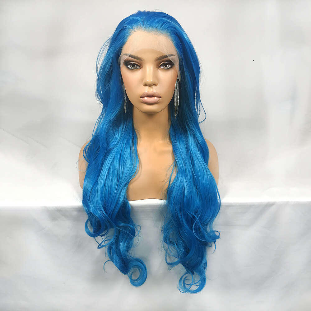 Blue Synthetic Lace Front Wigs Body Colored Long Natural Wave Party Cosplay Glueless Heat Resistant Wig For Women