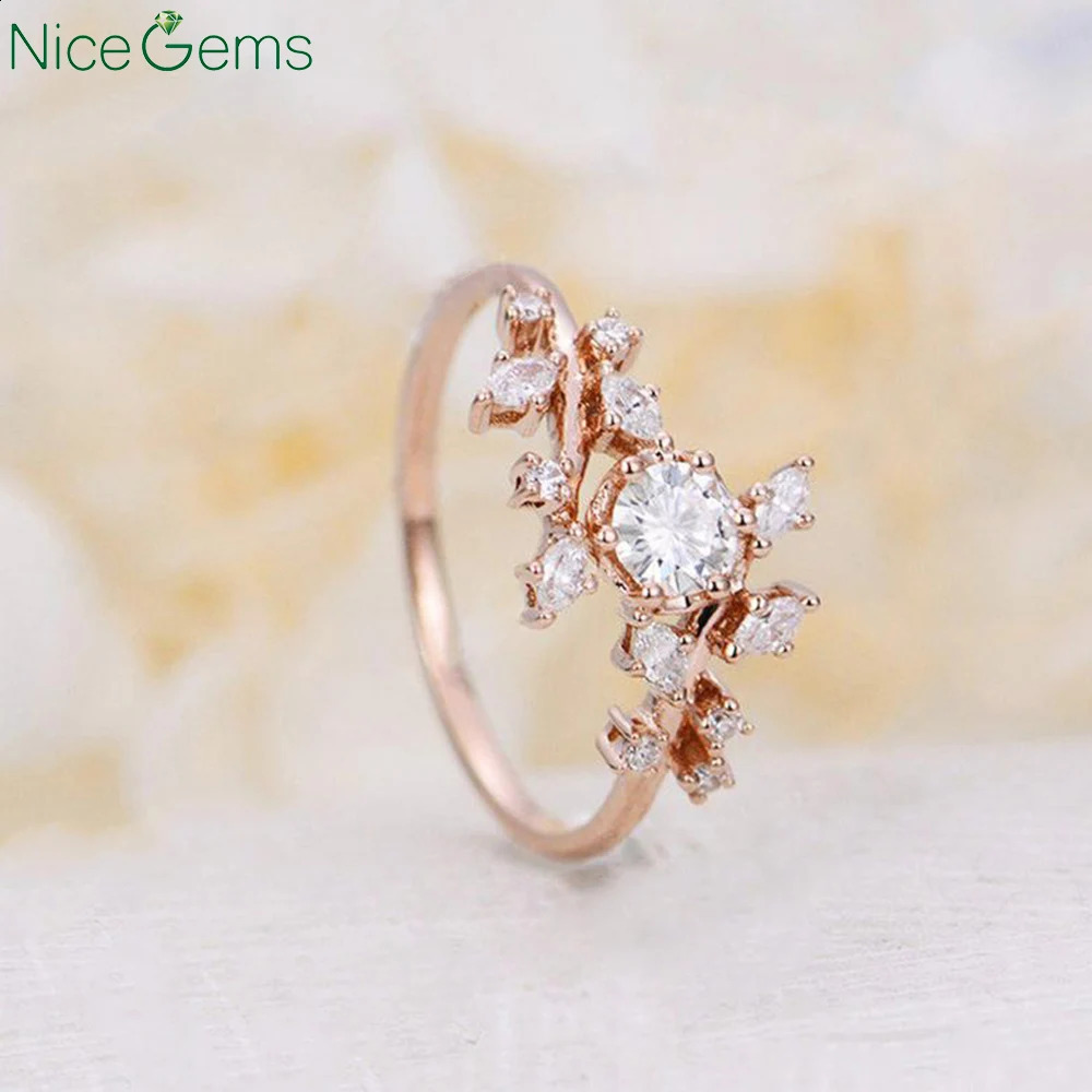 NiceGems 14K Rose Gold Vintage Engagement Ring Natural Diamond Cluster ring unique leaf wedding Bridal Promise 240906