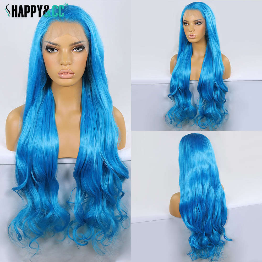 28Inch Blue Lace Front Wigs Long Natural Wave Synthetic Hair Pre Plucked 13X3 Glueless Cosplay Party Color Wig For Women
