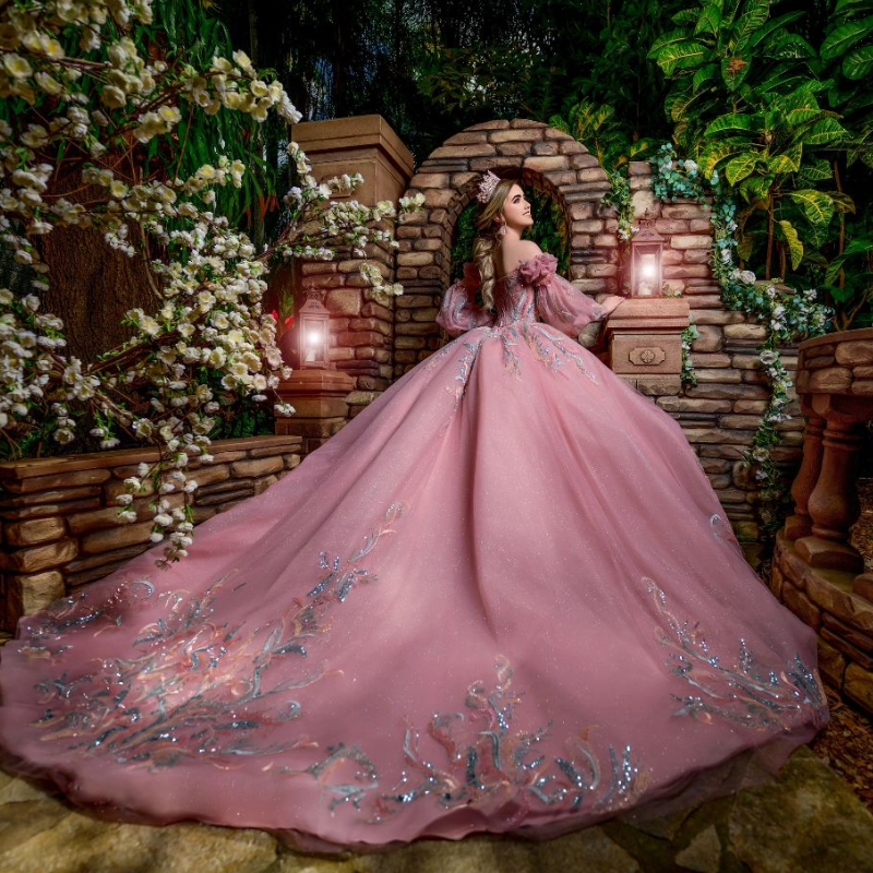 Pink Sparkly Quinceanera Dresses Off The Shoulder Princess Puff Sleeve Sequins Applique Lace Beads Tull Sweet 16 Dress Vestidos 15 De Anos