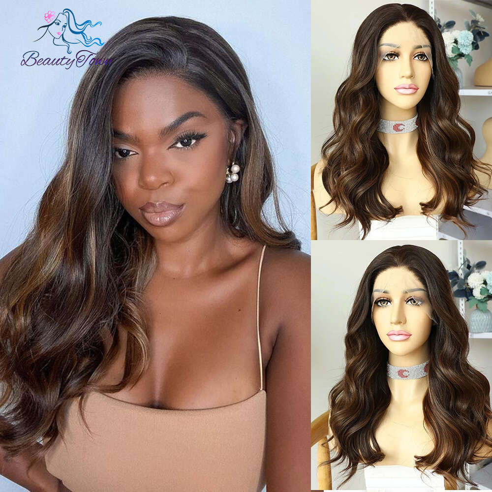 Highlight Wavy Synthetic Wigs For Women Brown Black Short Bob Body Wave Transparent Lace Front Wig