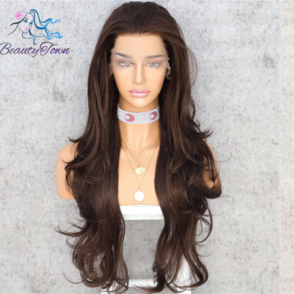 13X3 Front Sliver Brown Highlight Colored Synthetic Body Wave HD Transparent Lace Cosplay Party Wig