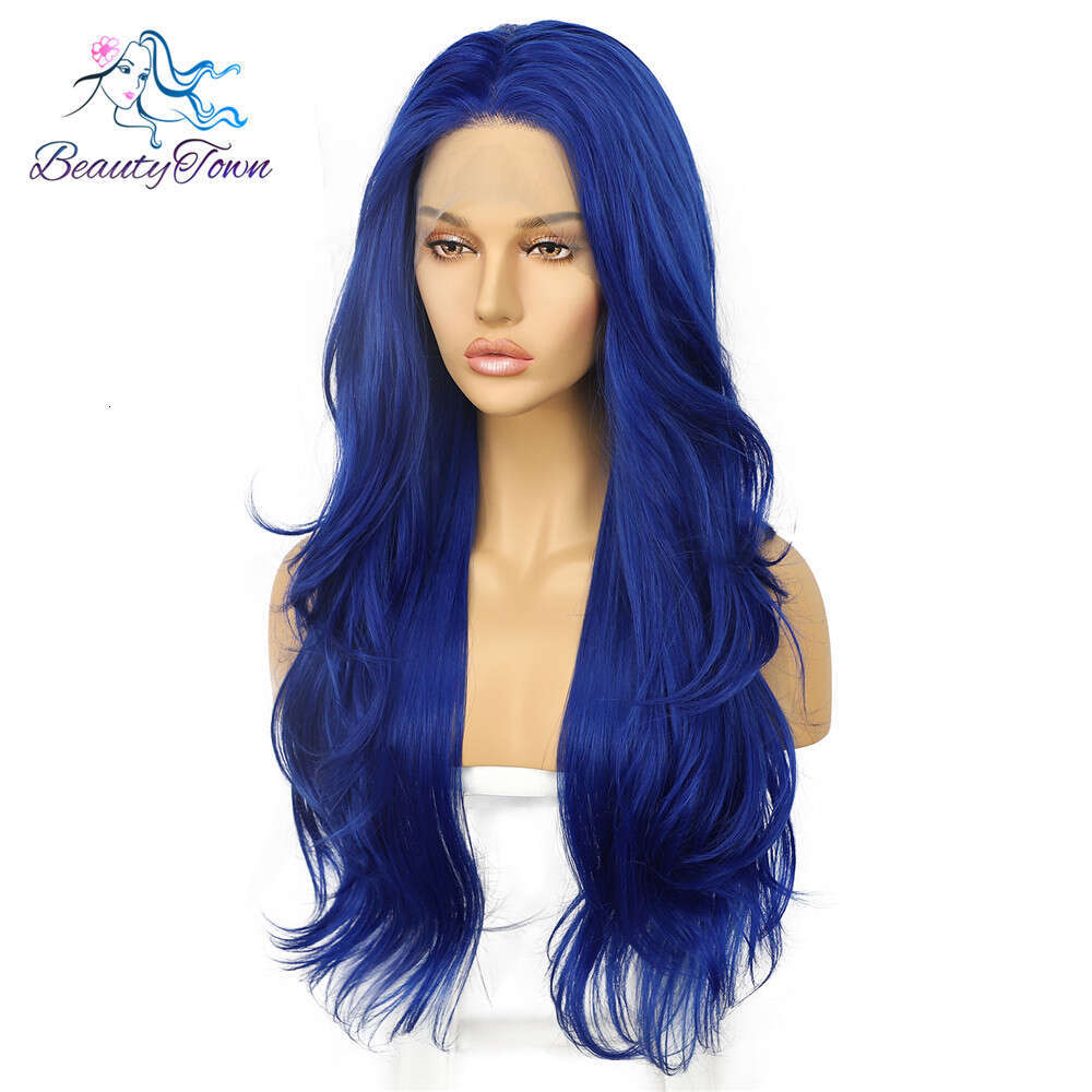 Beautytown Lace Front Dia Blue For Young Women Daily Makeup Wear Costume 26Inch Heat Resistant Fiber Synthetiic Hair Wig