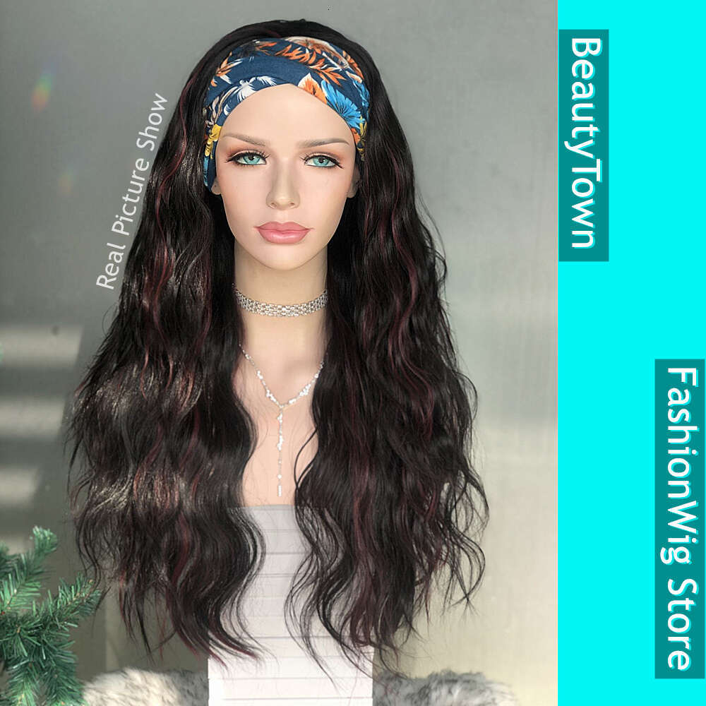 Long Water Wave Headband Women Black Mix Red Daily Makeup Wedding Party Holidays Glueless Wig 2 Free Bands Gift For Girl