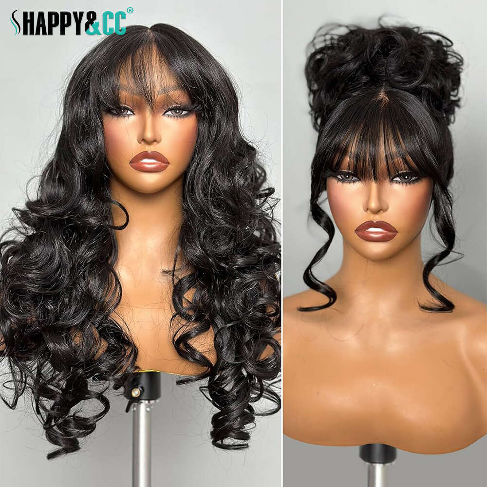 Wave Lace Front With Bangs For Black Women 13X3 Pre Plucked Curly Synthetic Heat Resistant Glueless Wig Daily Use