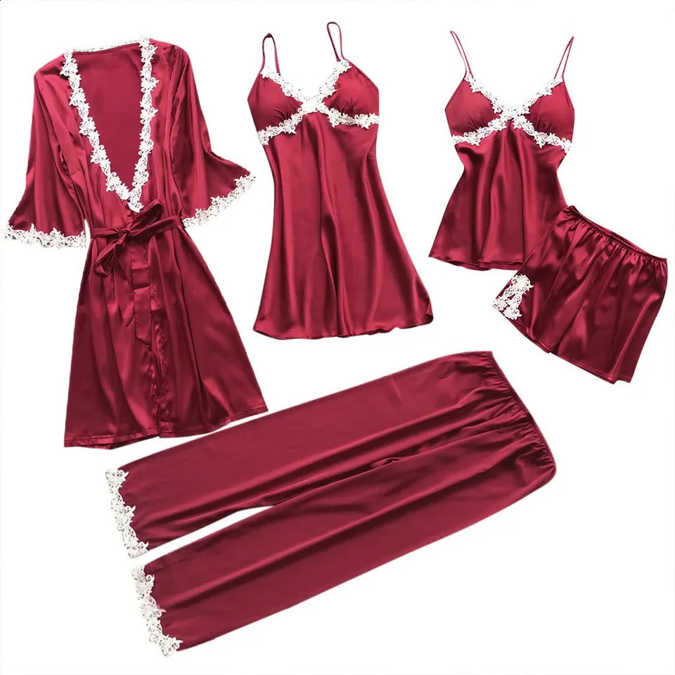 5 Pieces Sets Sexy Five-Piece Pajamas Womens Summer Half Sleeve Bridal Gown plus Size Homewear Nightgown Bathrobe Sleepwear 240913