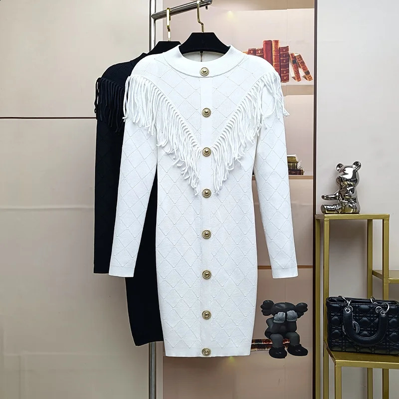ZJYT autumn and winter long sleeved tassel knitted womens sweater elegant button white black short party dress vest 240913