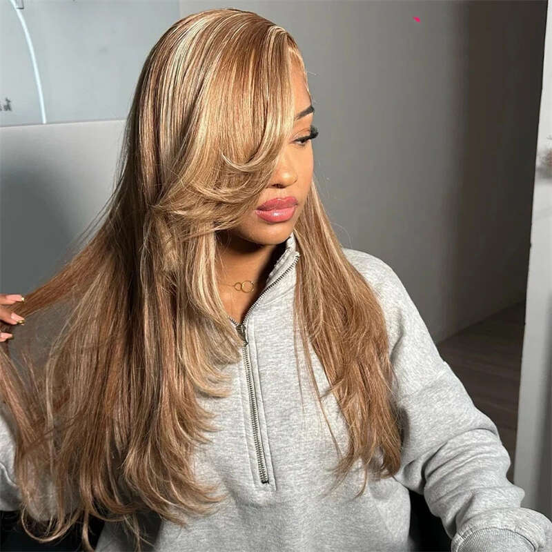 Ash Layered Straight Transparent Lace Frontal Honey Blonde Ombre Colored Human Hair Wig With Brown Root For Women