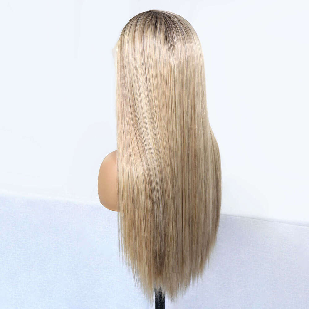 Highlight Synthetic Lace Front Dark Roots Straight Long Ombre Ash Blonde Pre Plucked Colored Wigs For Women 30 Inch