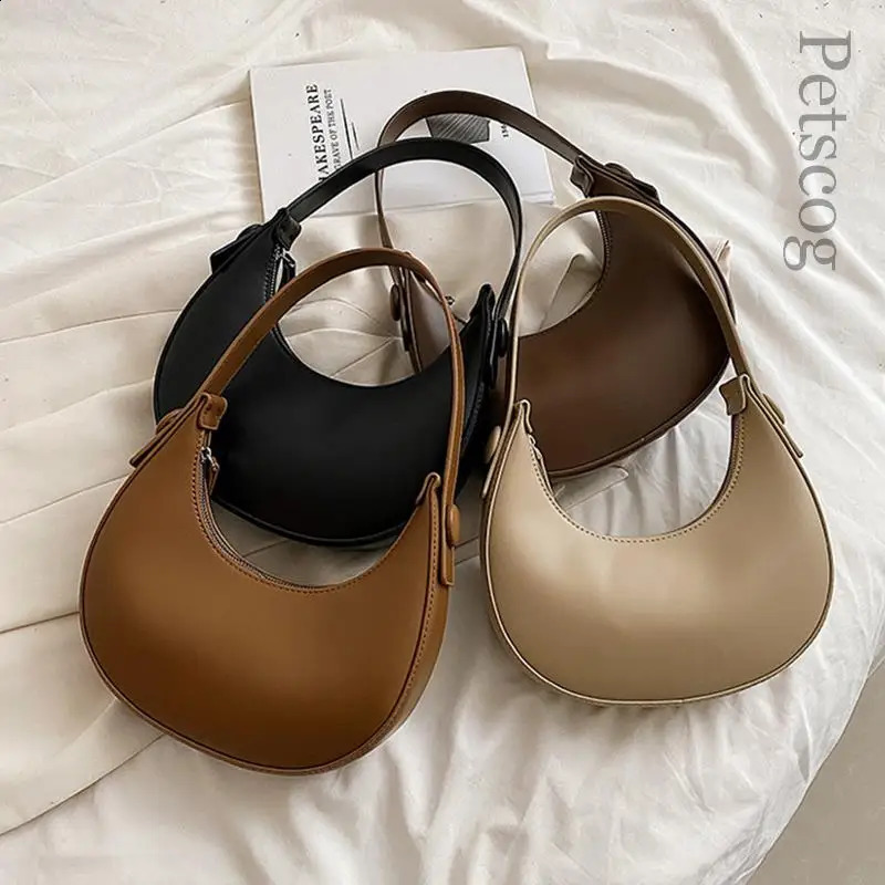 Fashion White Shoulder Bags For Women Pu Leather Solid Color Half Moon Crossbody Bag er Lady Handbags Ladies Underarm Bags 240913