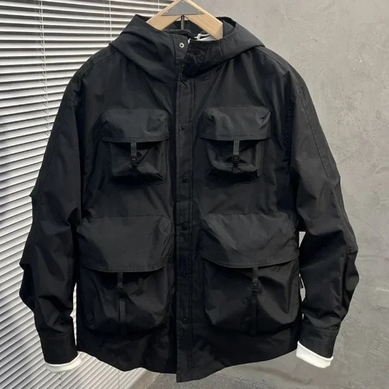 Spring Autumn Cargo Zipper Jacket Trend Hooded Workwear Jacket Mens American Retro Outdoor Coat Mountaineering Wear 240905