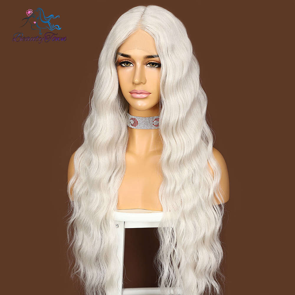 Synthetic Long Water Wave Ash White For Women Daily Makeup Girls Cosplay Party Wedding Deep T Middle Part Lace Wig