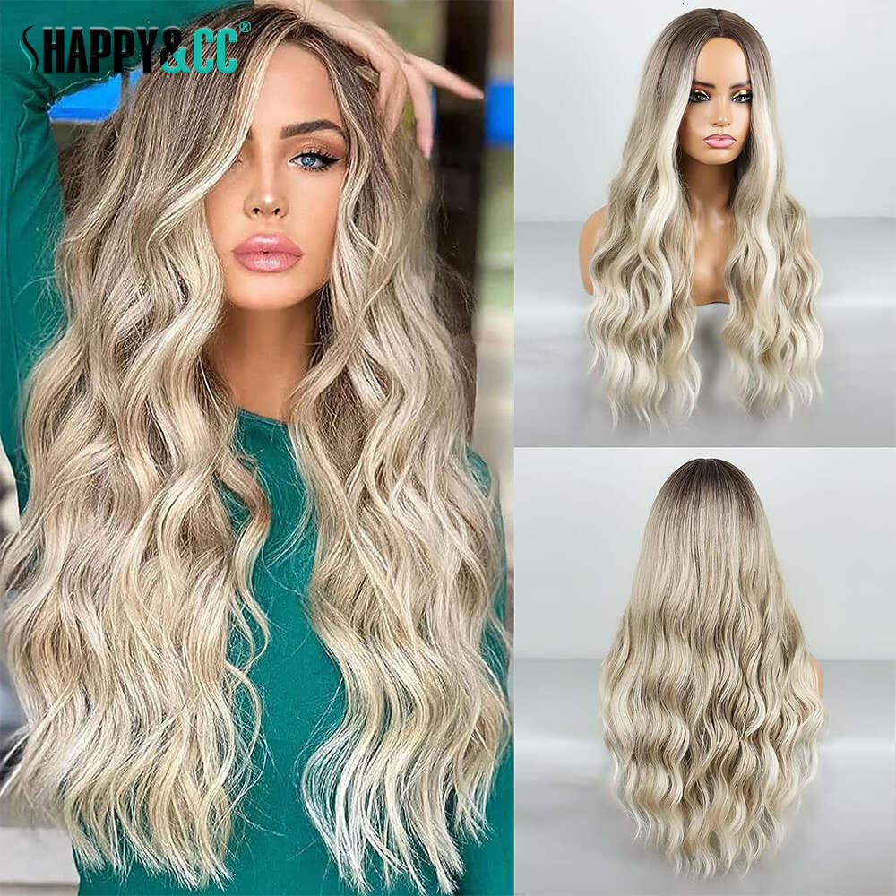 Ash Blonde Ombre Synthetic Front Wigs Highlight Natural Wave Glueless Lace For Women Daily Party Heat Resistant Wig