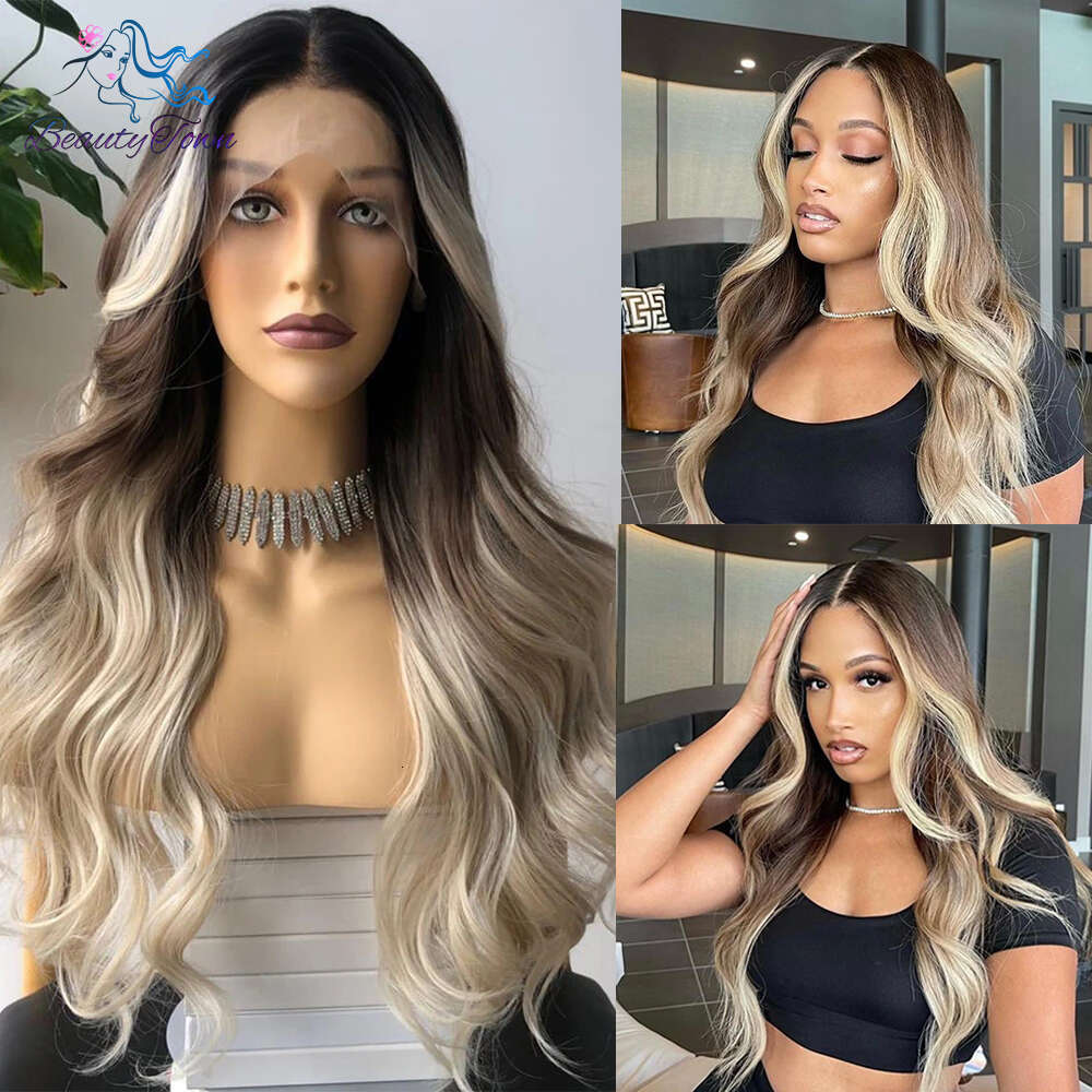 Grey 13X3 Synthetic Lace Front Ombre Brown Blonde Body Wave Wigs For Women Heat Resistant Cosplay Daily Use Wig 180%