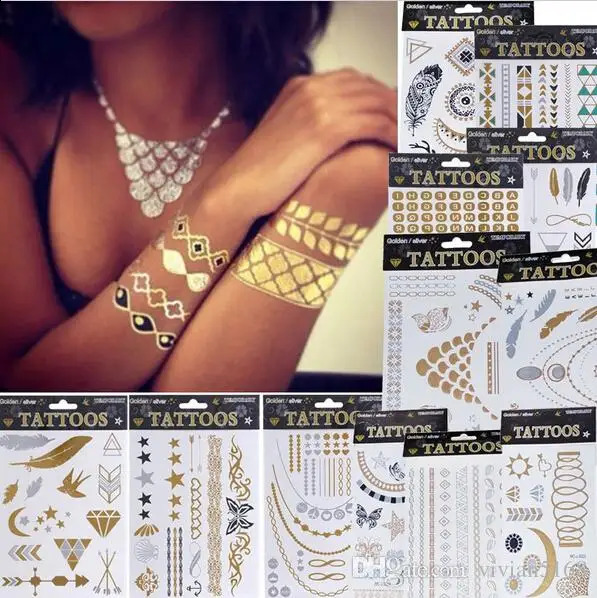 10 fashionable gold silver metal glitter tattoos metal tattoo stickers temporary body art womens beach waterproof size 15X21c 240913