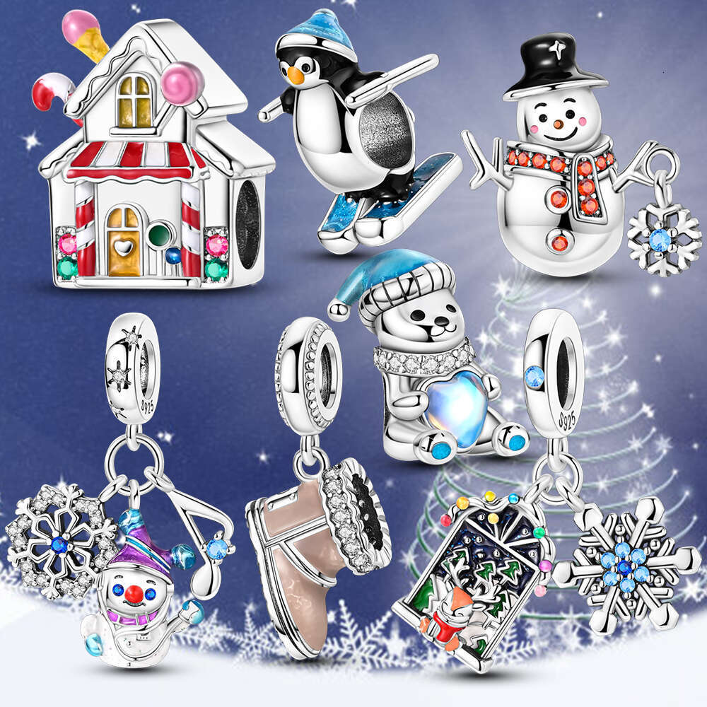 925 Sterling Silver Christmas Snowman Penguin Snowflake Charms Beads Fit Original Bracelet For Women Jewelry Making