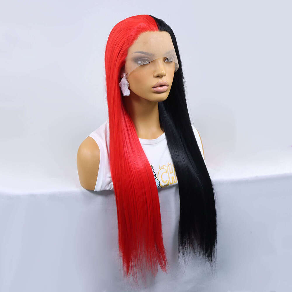 Black Half Red Lace Front Wigs Straight Cosplay Colored Synthetic Heat Resistant Glueless Halloween Wig For Women